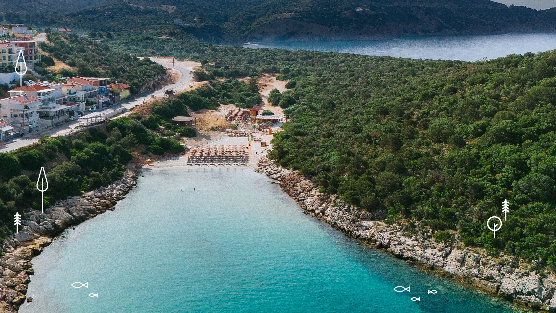 Aerial view of Atspas beach in Thassos with turquoise waters and lush green hills Discover Thassos