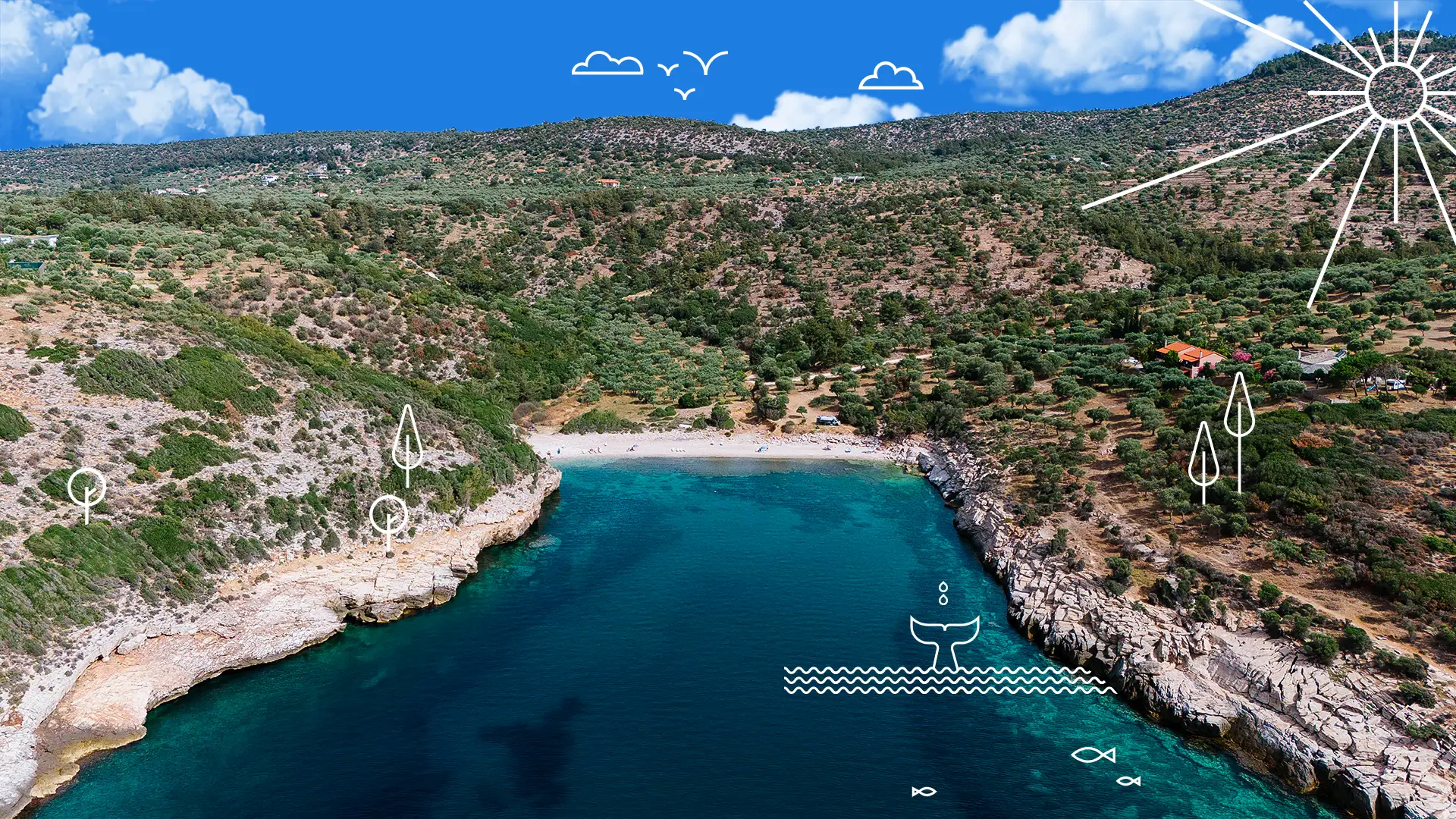 Aerial view of Kalami beach in Thassos with turquoise deep waters and green hills surrounding the bay Discover Thassos