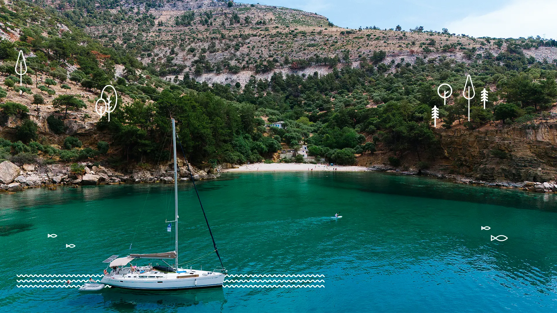 Arsanas beach in Thassos featuring emerald waters, a boat, and lush green hills surrounding the bay Discover Thassos