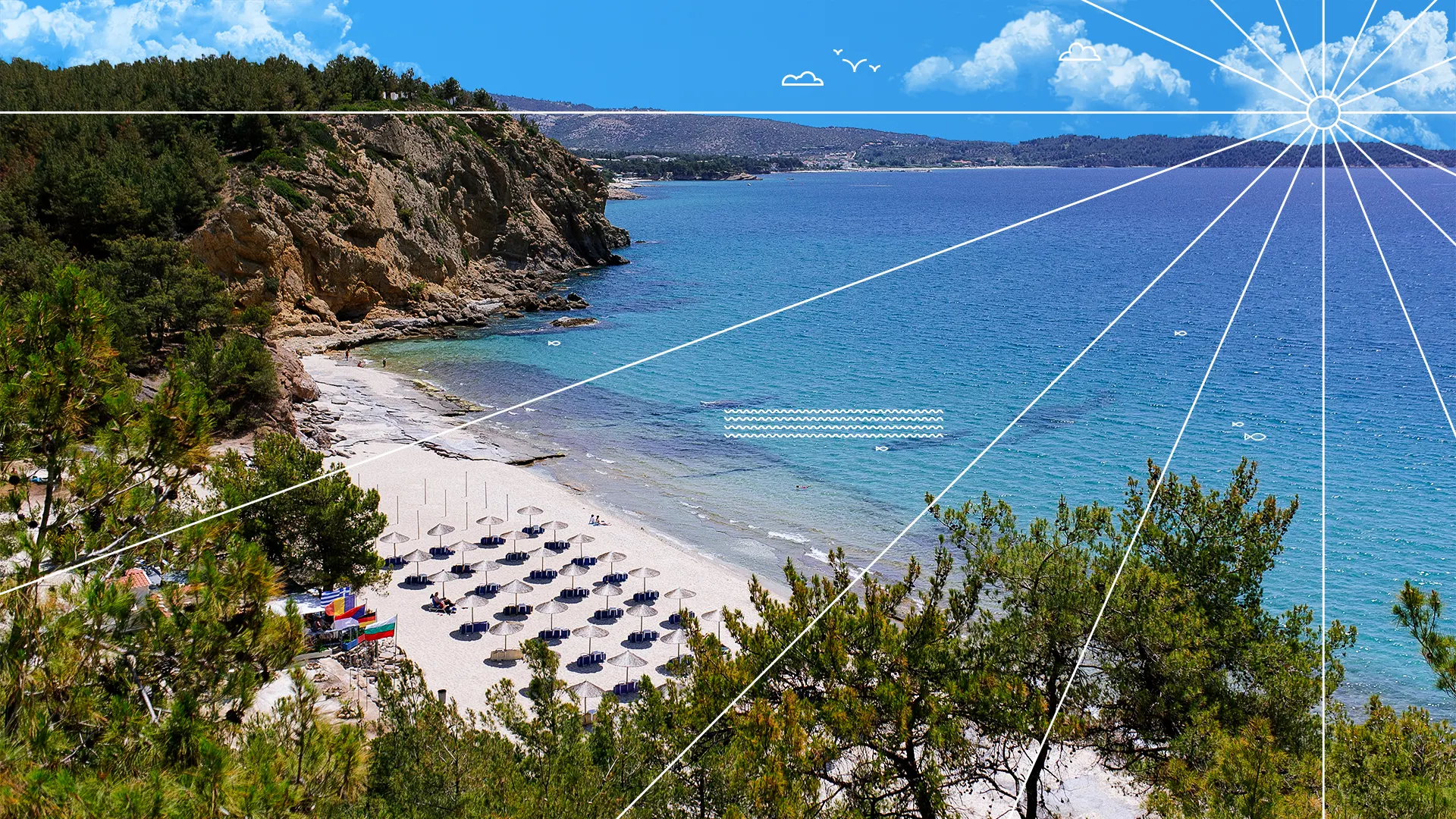 A creative depiction of Metallia Beach in Thassos with added graphic elements including lines, waves, and icons of the sun, clouds, and birds