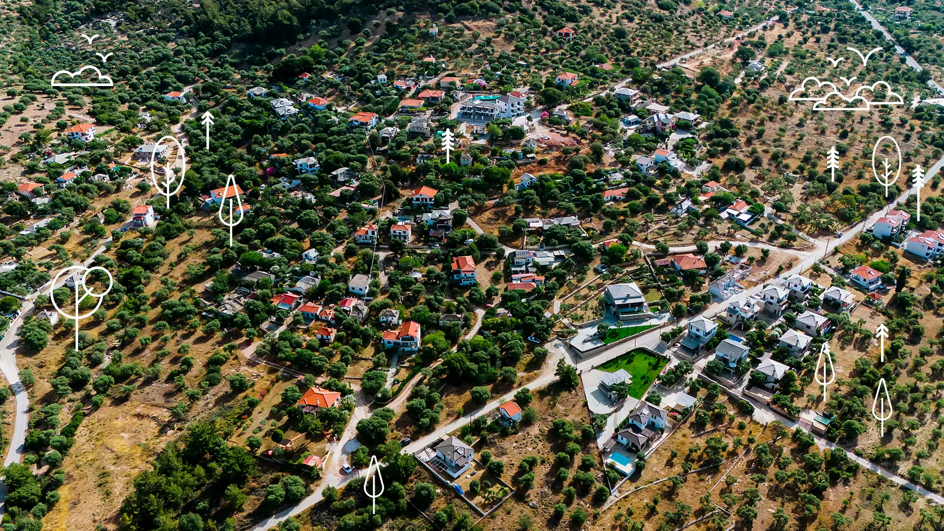 Aerial view of Astris Thassos with scattered houses, red-tiled roofs, and lush trees. Graphic elements of trees, clouds and birds overlay the photo