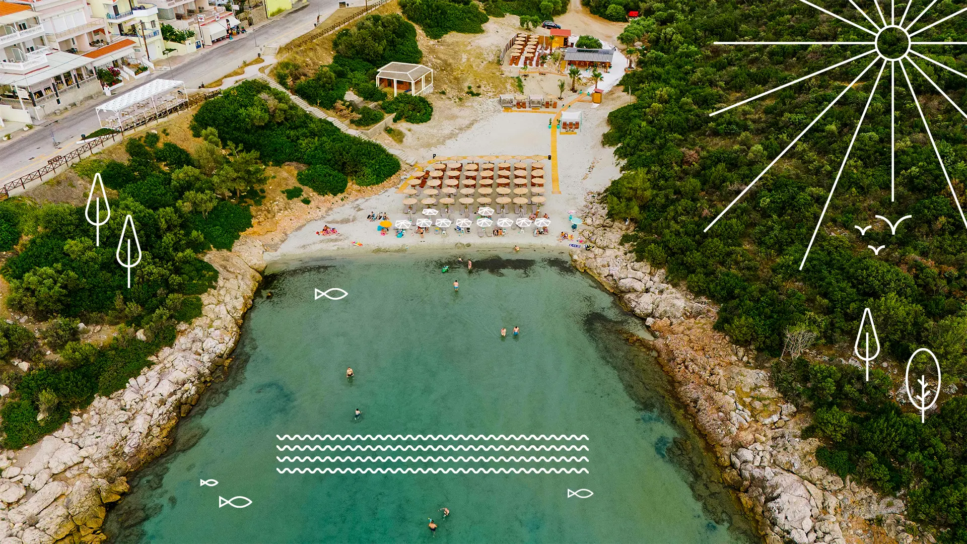 Aerial view of Atspas Beach with turquoise waters and a sandy shoreline. People are swimming and relaxing in the calm waters