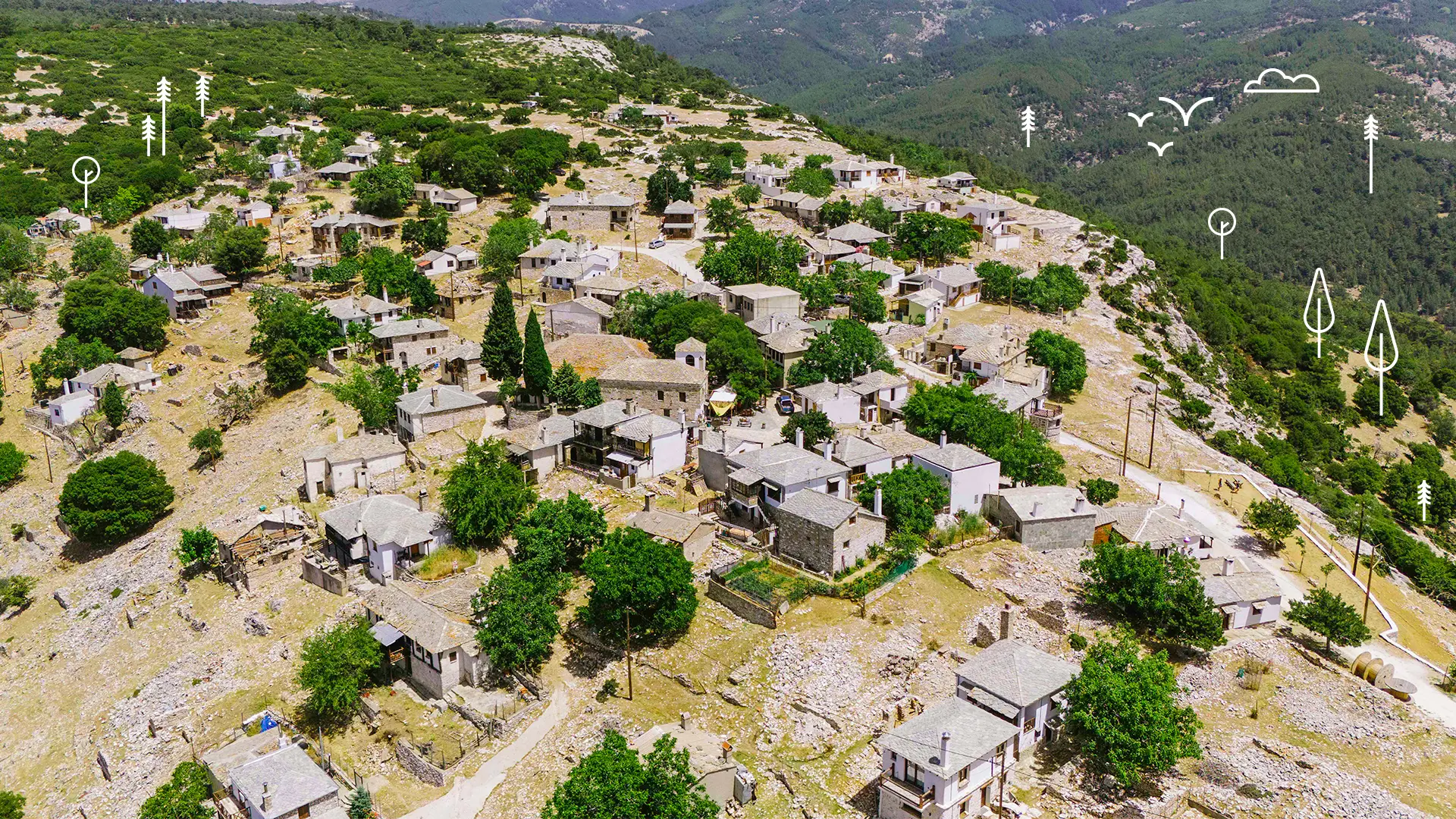 Aerial view of Kastro village in Thassos with illustrations of trees, birds, and clouds
