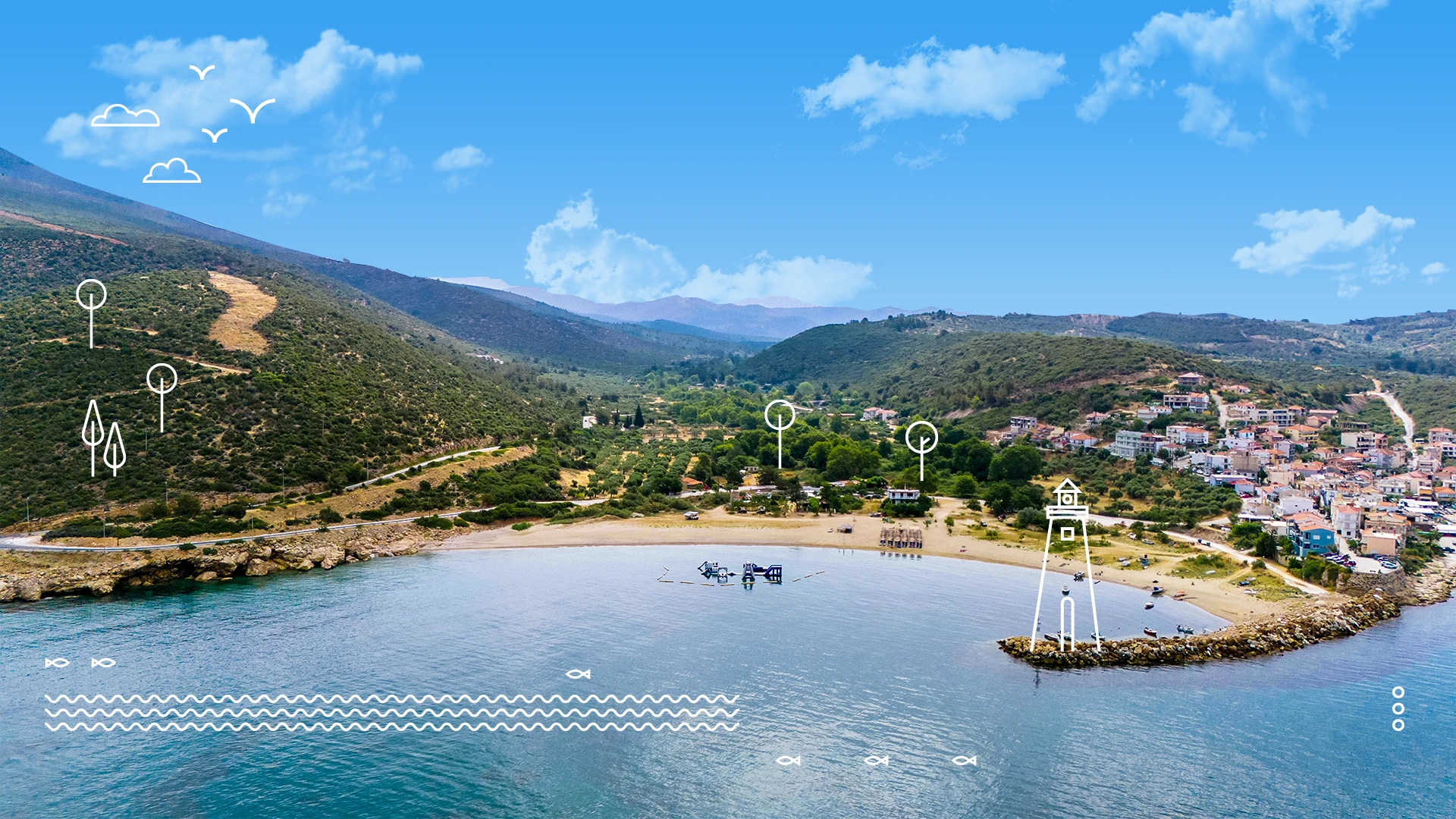 Aerial view of Platanes Beach in Thassos with artistic elements like waves, trees, and a lighthouse