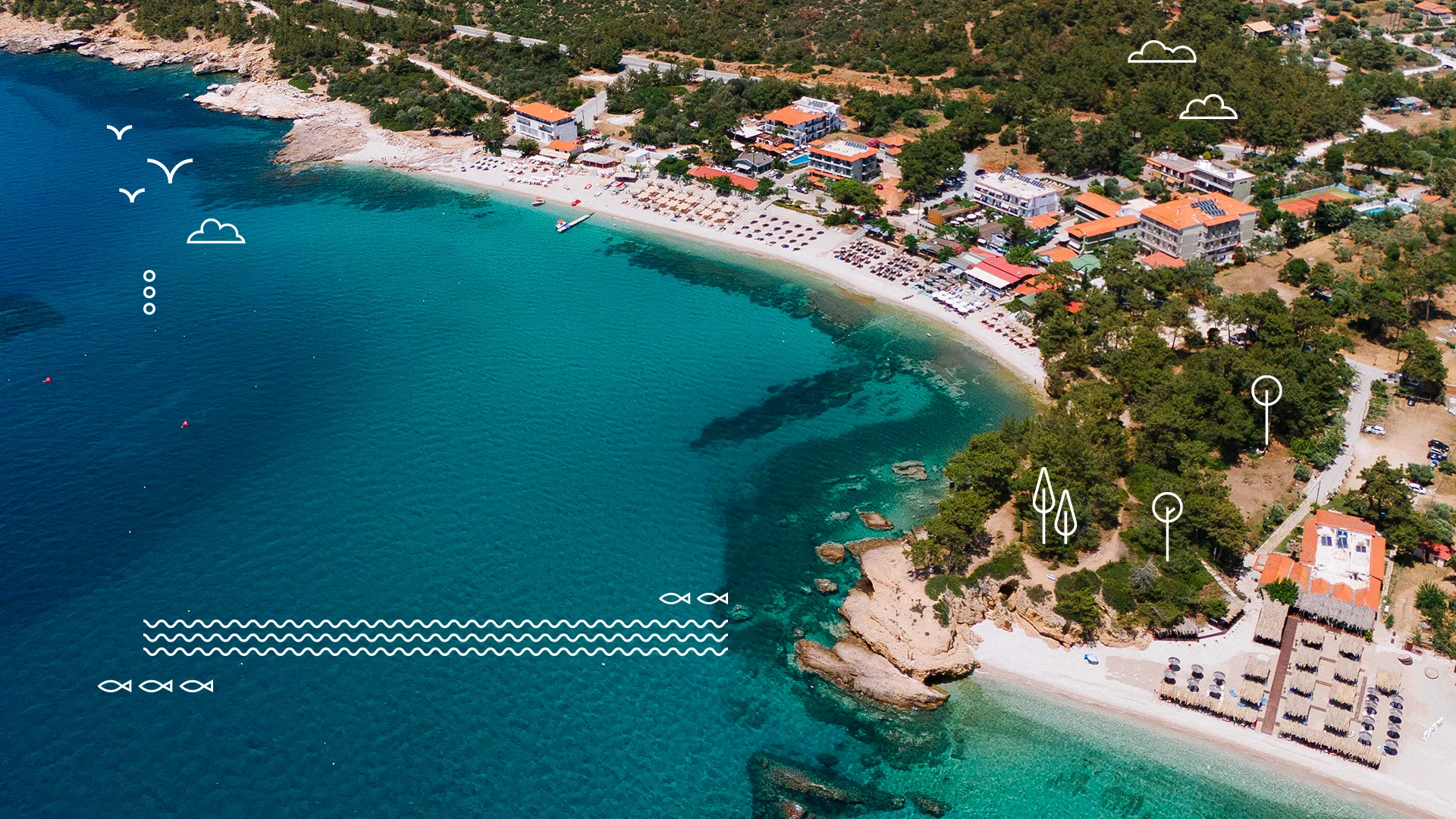 An artistic aerial view of Pefkari Beach in Thassos, featuring graphical elements like trees, birds, and fish