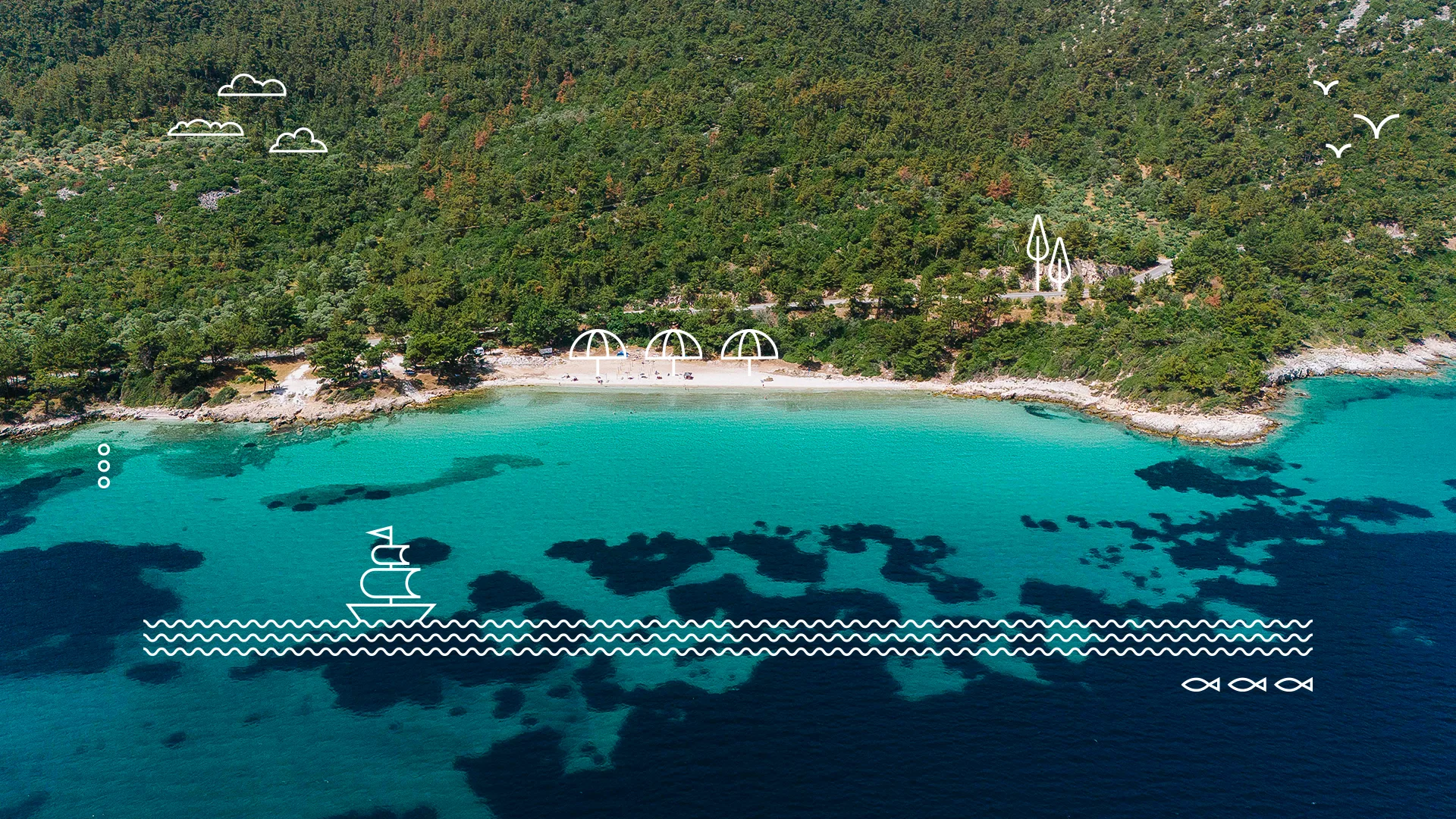 Aerial view of Glikadi Beach, Thassos, with turquoise waters, forest, and creative white graphic designs
