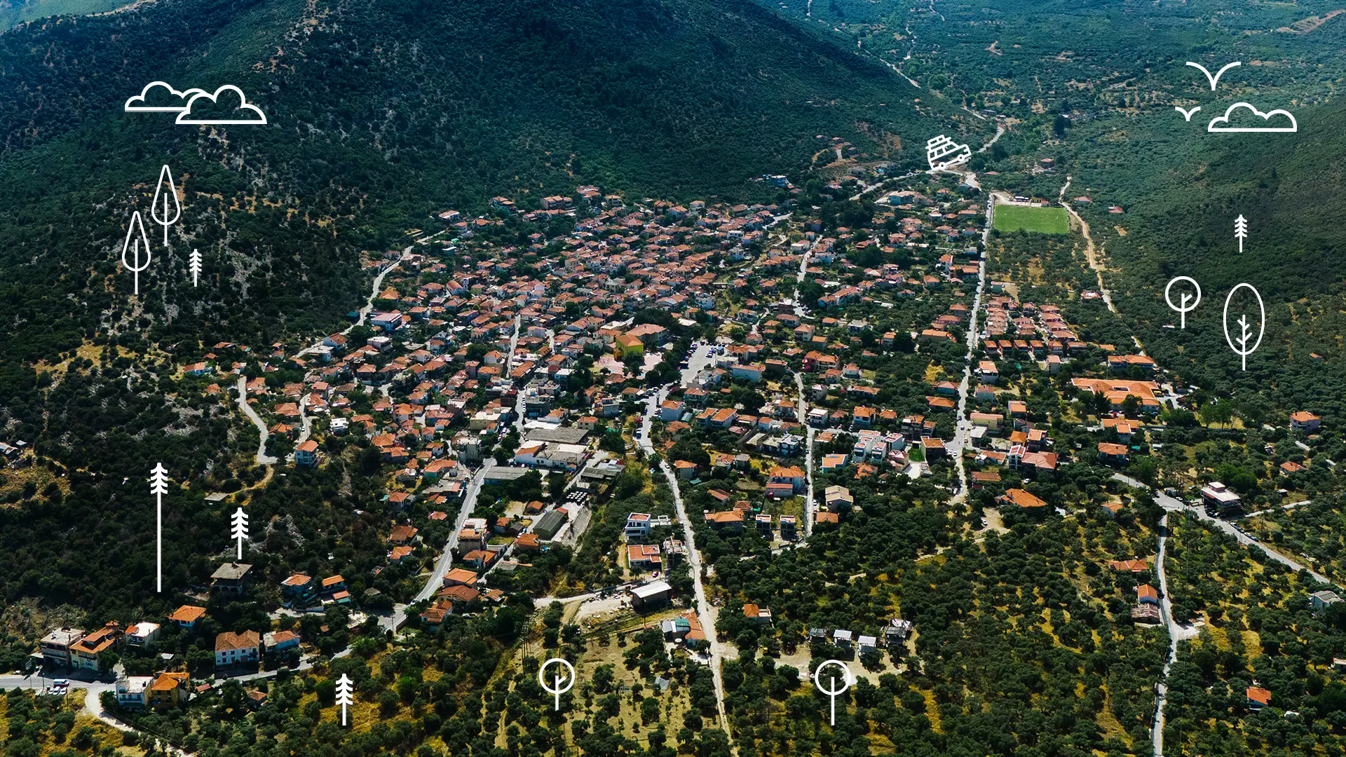 Aerial view of Prinos, Thassos with graphic elements of trees and clouds overlaying the image