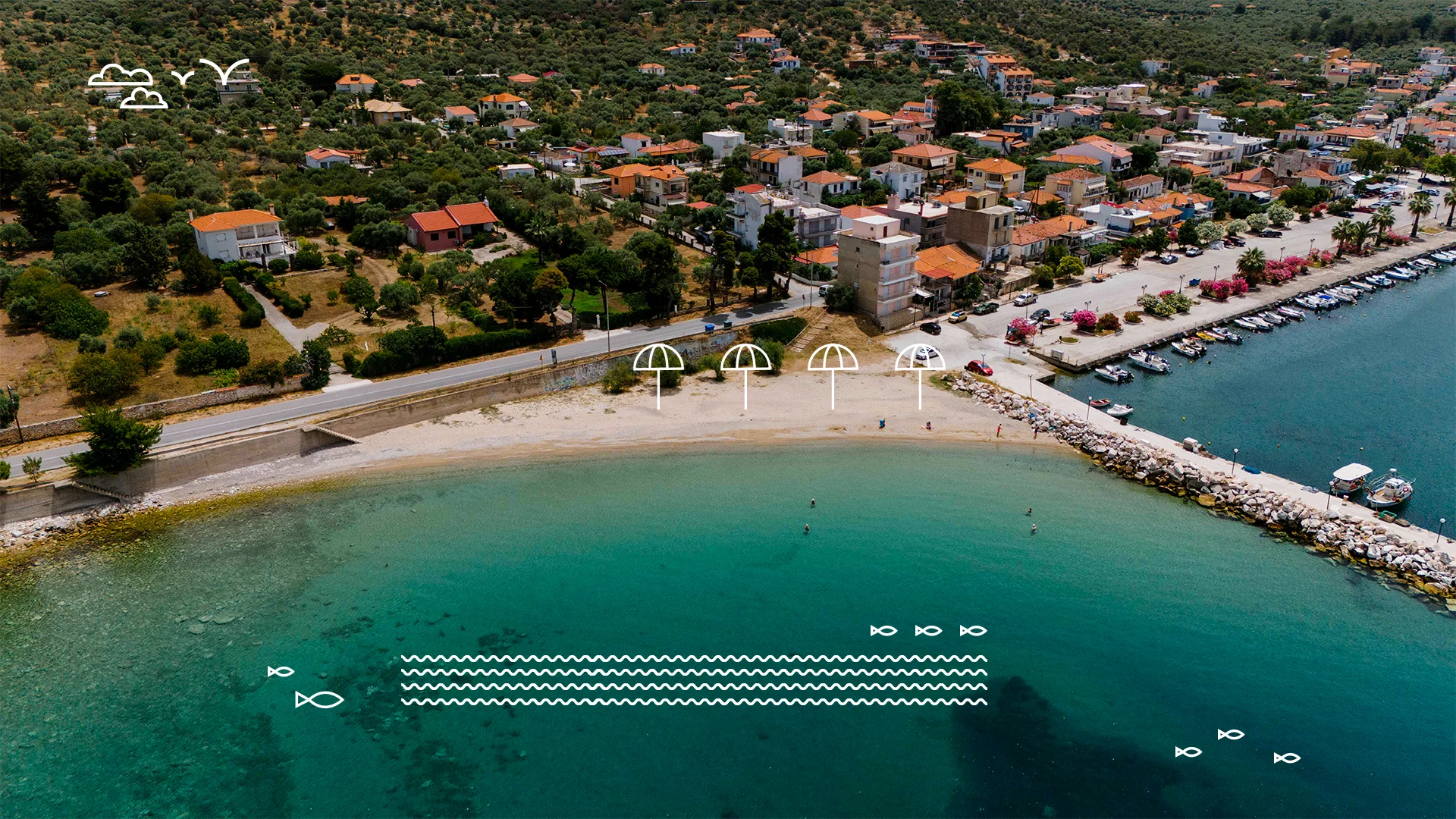 Aerial view of Skala Kallirachi Beach in Thassos with added graphics of umbrellas, waves, and fish in white