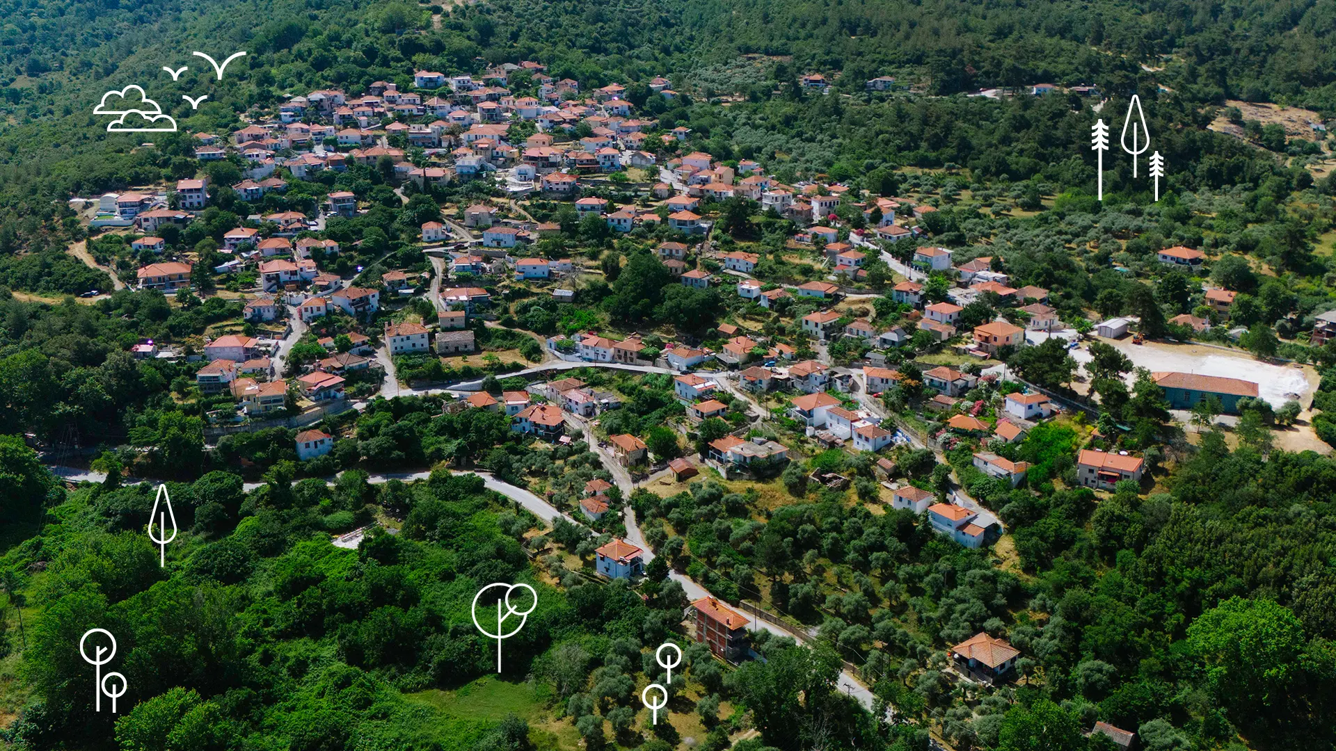 Rachoni village in Thassos, surrounded by lush greenery, olive groves, and traditional houses with red-tiled roofs