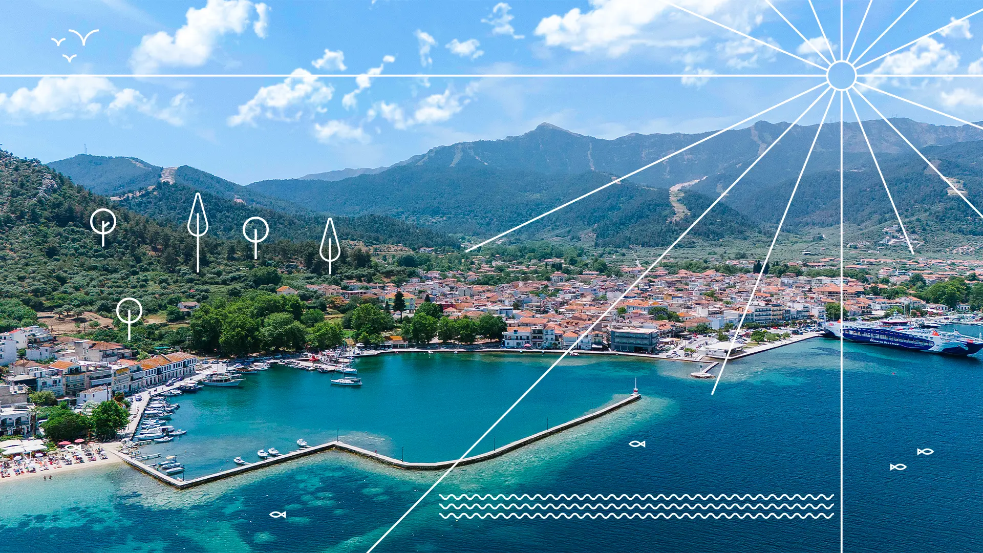 The vibrant harbor of Limenas Thassos, stylized overlay with trees and symbols