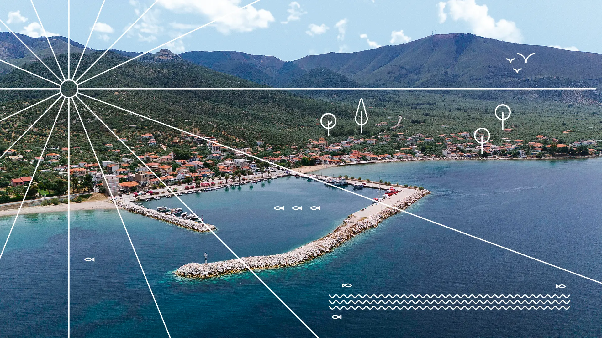 Αerial view of Skala Kallirachi in Thassos, with graphic elements of trees, birds and the sun